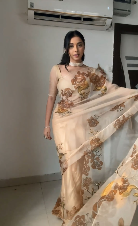 Super classy 1-Minute Ready To Wear Beige Organza Silk Saree
