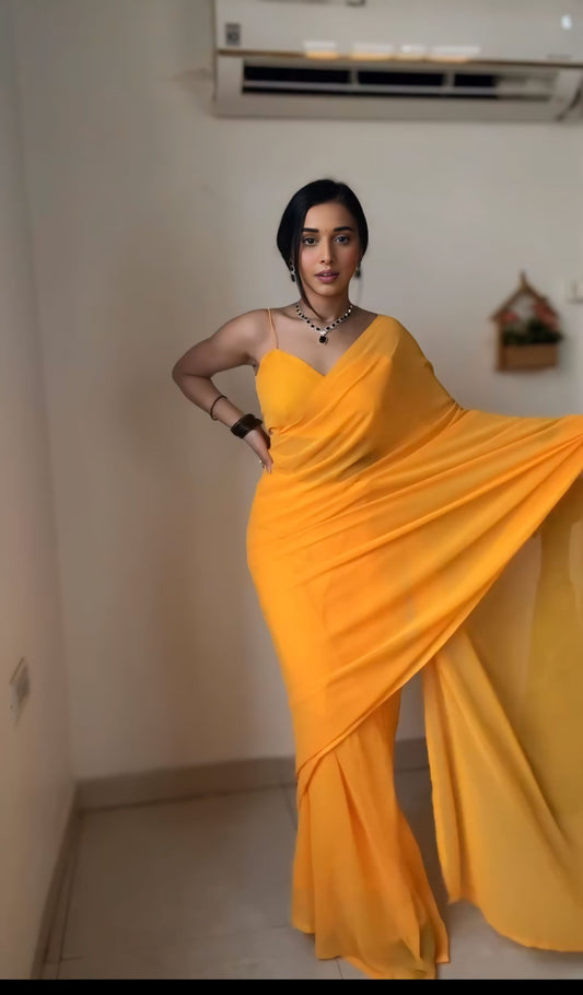 Lightweight Ready-to-Wear Plain Yellow Color Georgette Saree