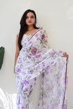 Quick-Drape White Color With Flower Print Georgette Saree: Style and Simplicity in One Minute