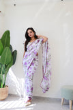 Quick-Drape White Color With Flower Print Georgette Saree: Style and Simplicity in One Minute