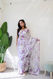 Quick-Drape White Color With Flower Print Georgette Saree: Style and Simplicity in One Minute