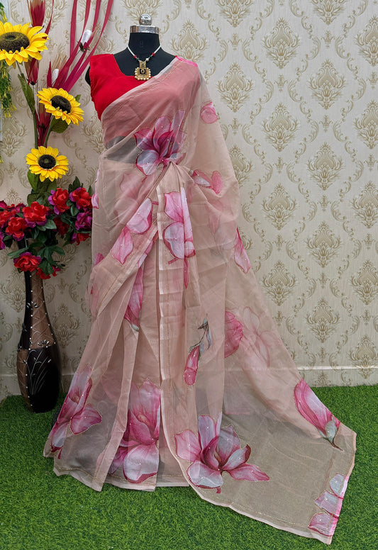 Adorning 1-Minute Ready To Wear cream Organza Silk Saree
