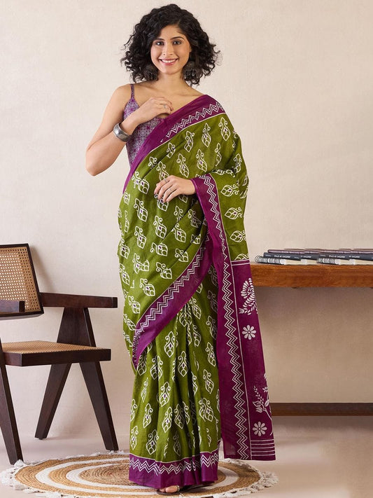 Incredible 1-Minute Ready To Wear green&purple mul cotton Saree