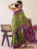 Incredible 1-Minute Ready To Wear green&purple mul cotton Saree