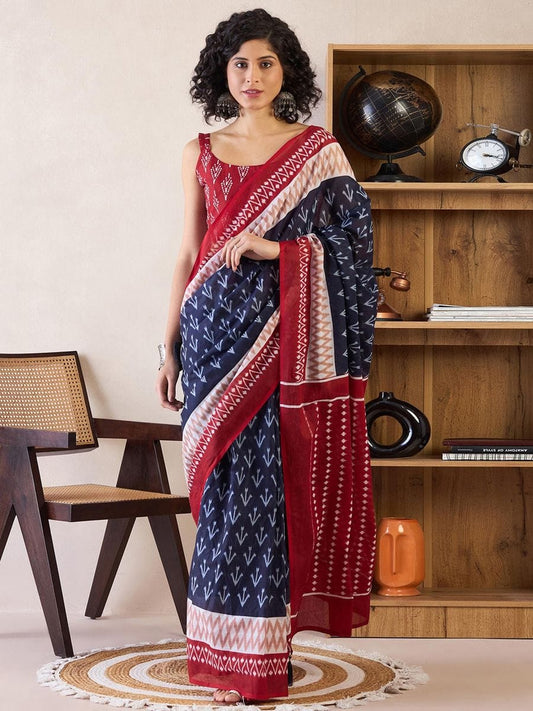 Elaborate 1-Minute Ready To Wear Blue&red mul cotton Saree