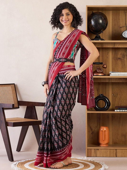 Surreptitious 1-Minute Ready To Wear Red&black mul Cotton Saree