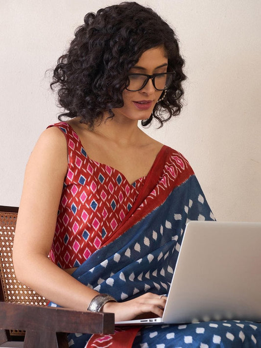 Demesne 1-Minute Ready To Wear blue&Red mul cotton Saree