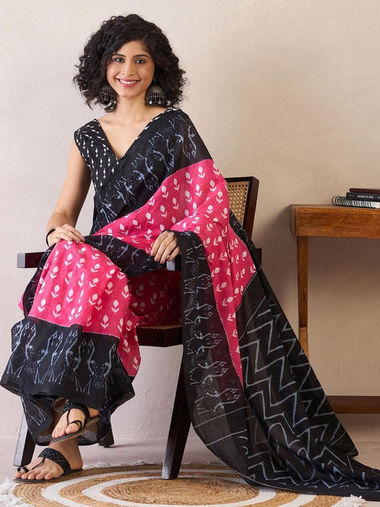 Ethereal 1-Minute Ready To Wear Black&pink mul Cotton Saree