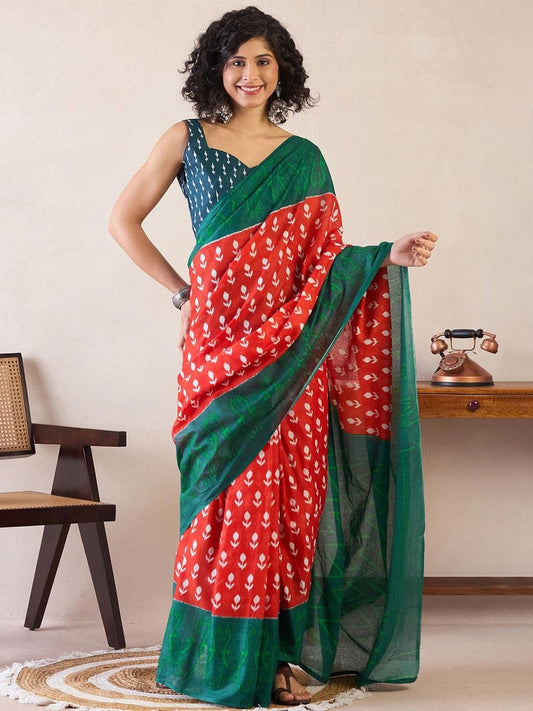 Mellifluous 1-Minute Ready To green&redmul cotton Saree