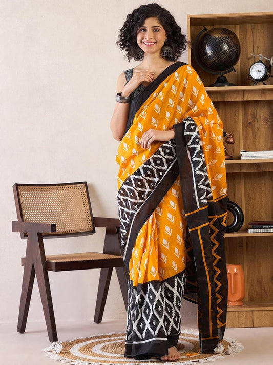 Magnetic 1 Minute Ready To Wear Yellow Mul Cotton Digital Printed Saree With Pocket