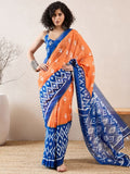 Assemblage 1 Minute Ready To Wear Orange&blue Mul Cotton Digital Printed Saree