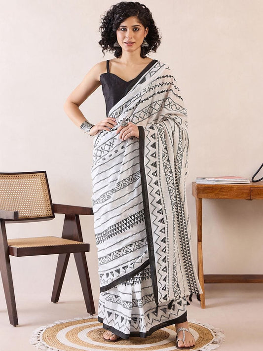Jazzy 1-Minute Ready To Wear white mul cotton Saree