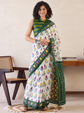 Luxuriant 1-Minute Ready To Wear Green&white mul cotton Saree