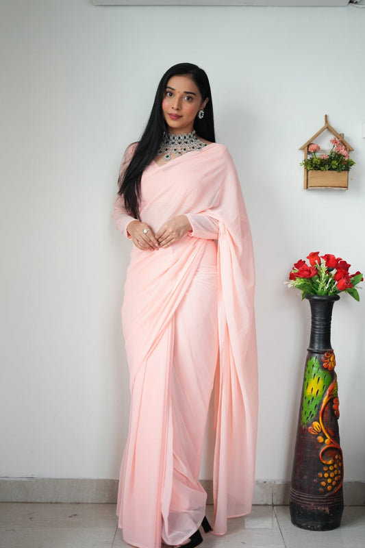 Lightweight Ready-to-Wear Plain Pink Color Georgette Saree