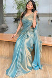 Glittering Firozi Fancy Silk Saree With Delightful Blouse Piece