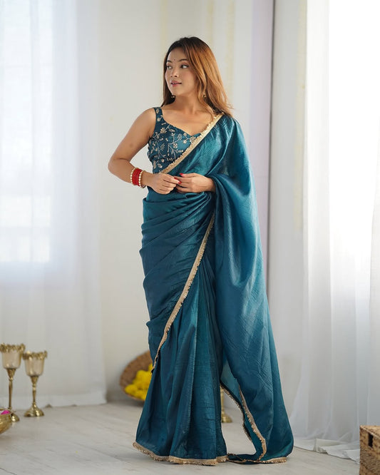 Forbearance 1-Minute Ready To Wear Blue Crush Silk Saree
