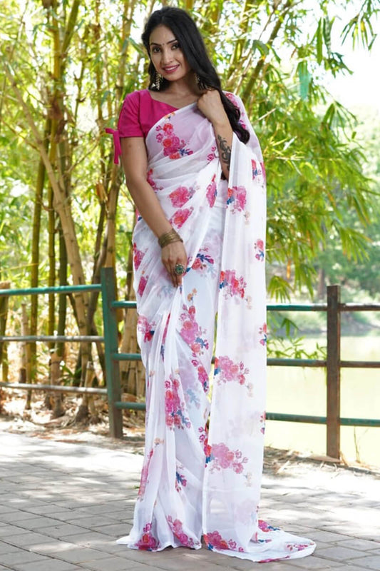 Evocative 1-Minute Ready To Wear Off White Georgette Saree