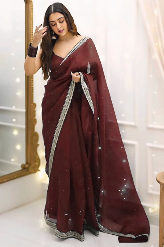 Effulgent 1-Minute Ready To Wear Maroon Organza Silk Saree