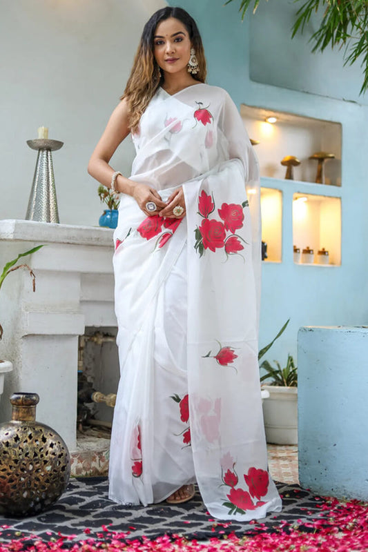Gratifying 1-Minute Ready To Wear Off White Georgette Saree