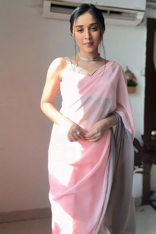 Flameboyant 1-Minute Ready To Wear Pink and Grey Georgette Saree