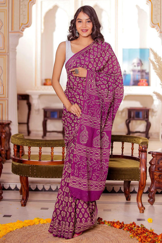 Elaborate 1-Minute Ready To Wear Purple Cotton Saree