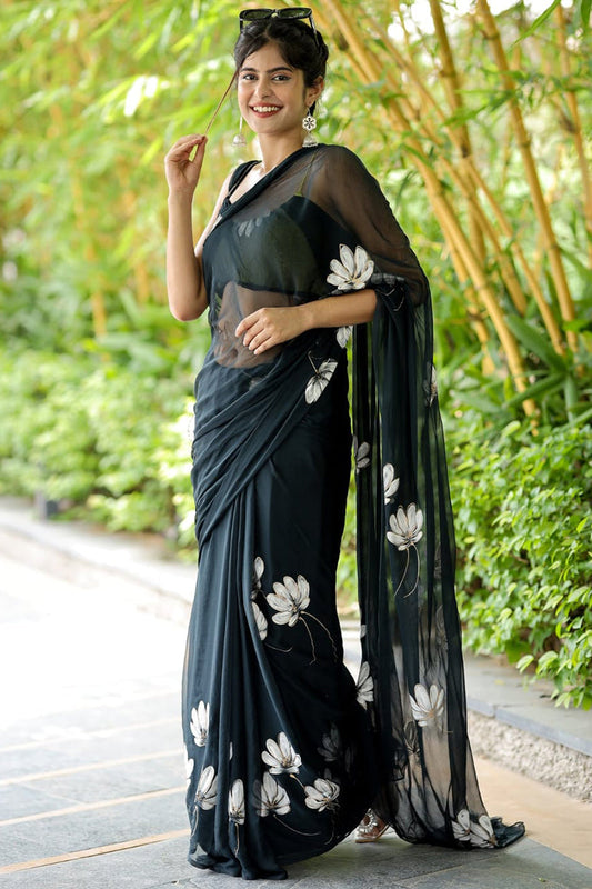Tempting 1-Minute Ready To Wear Black Georgette Saree
