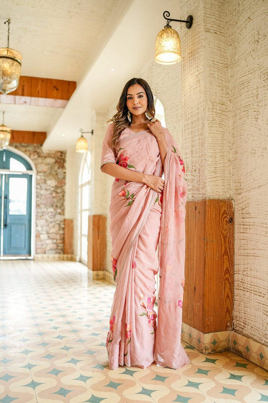 Moiety 1-Minute Ready To Wear Peach Georgette Silk Saree
