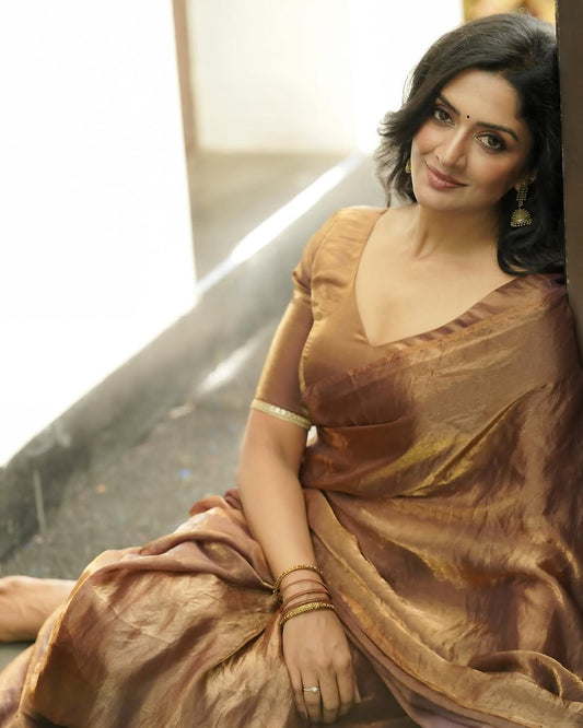 Preferable Brown Fancy Silk Saree With Alluring Blouse Piece