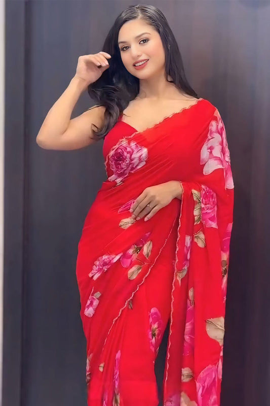 Capricious 1-Minute Ready To Wear Red Georgette Saree