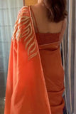 Supernal 1-Minute Ready To Wear Orange Malai Satin Silk Saree