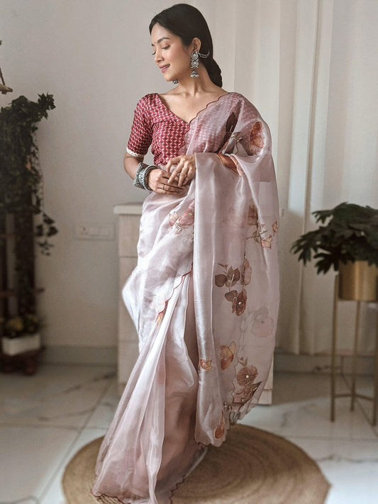 Enthralling 1-Minute Ready To Wear Baby Pink Organza Silk Saree