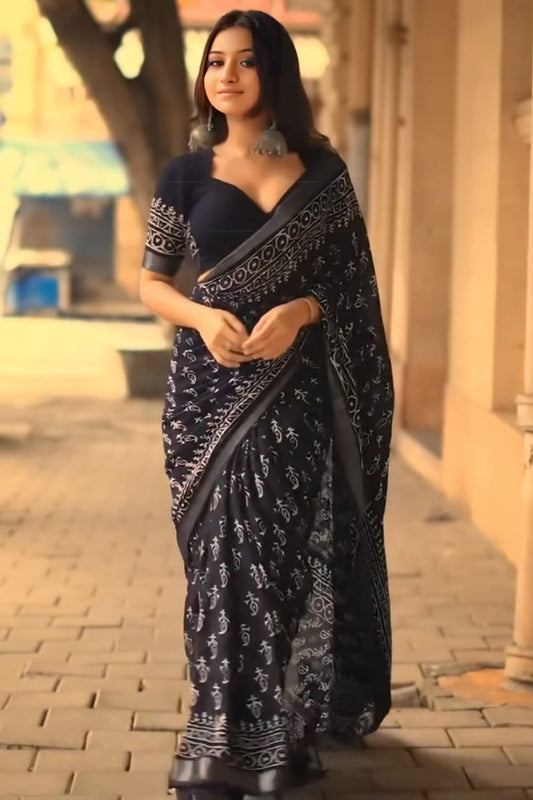 Stunner 1-Minute Ready To Wear Black Cotton Saree