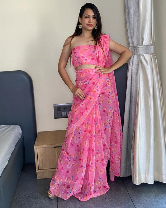 Trending Pink Color Georgette Saree: Elegant, Easy-to-Wear Design in Just One Minute