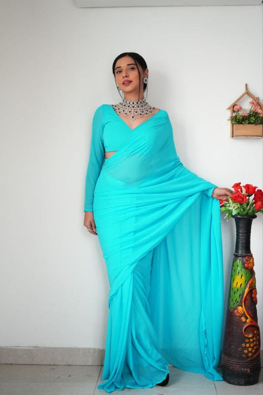Lightweight Ready-to-Wear Plain Sky Blue Georgette Saree