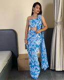 Quick and Stylish: Sky Blue Georgette Saree for One-Minute Wear, Perfect for Busy Days