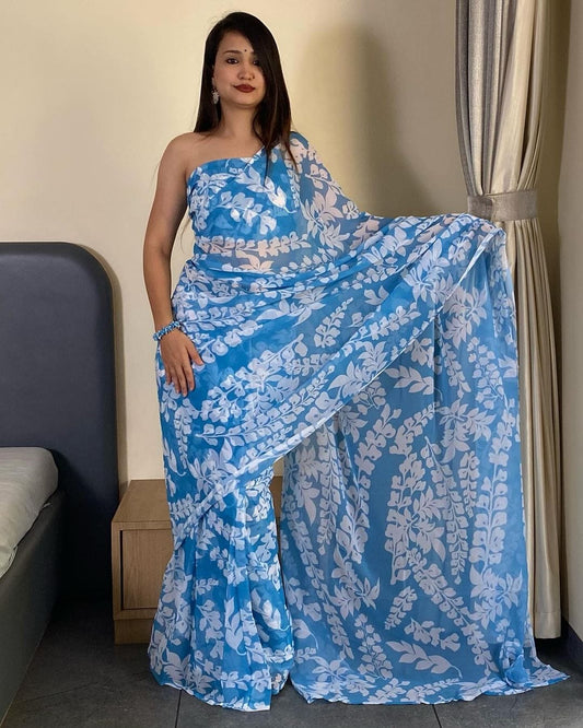 Quick and Stylish: Sky Blue Georgette Saree for One-Minute Wear, Perfect for Busy Days