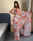Transform Your Look in Seconds with -White Color And Flower Print Georgette One Minute Saree
