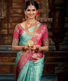 Glamorous Electric Blue Silk Saree with Rich Contrasting Pink Accents