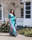 Festive Rama Kanjivaram Saree with Pinkish Zari and Matching Border Details