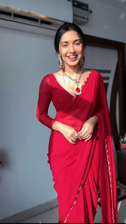Lustrous Red Color Georgette Saree: Elegant and Easy-to-Wear for Modern Women