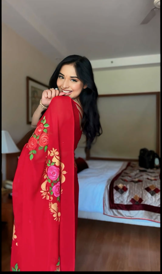 Stylish Red-Color One-Minute Wear Georgette Saree for Effortless Elegance and Comfort