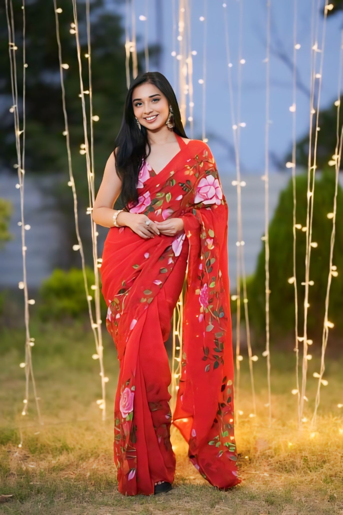 Modern Red Color One-Minute Georgette Saree for Trendy Women on the Go