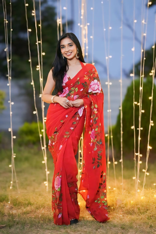 Modern Red Color One-Minute Georgette Saree for Trendy Women on the Go
