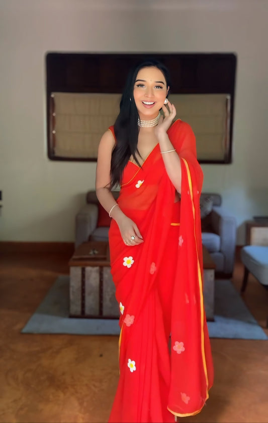 One-Minute Draping Red-Color Georgette Saree: The Perfect Blend of Fashion and Convenience