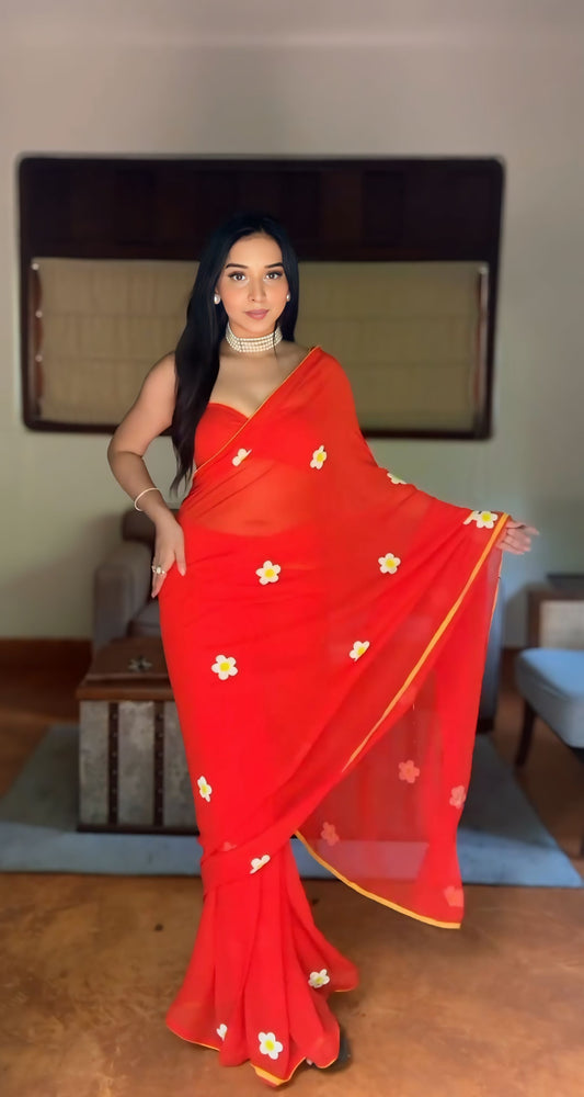 One-Minute Draping Red-Color Georgette Saree: The Perfect Blend of Fashion and Convenience