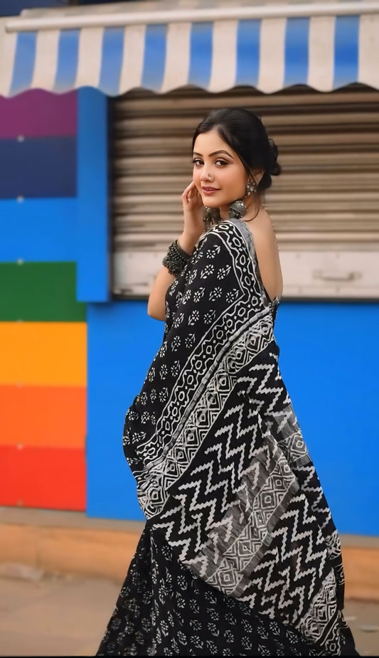 Beautifully Printed One-Minute Wear Black Color Cotton Saree for a Trendy, No-Hassle Look