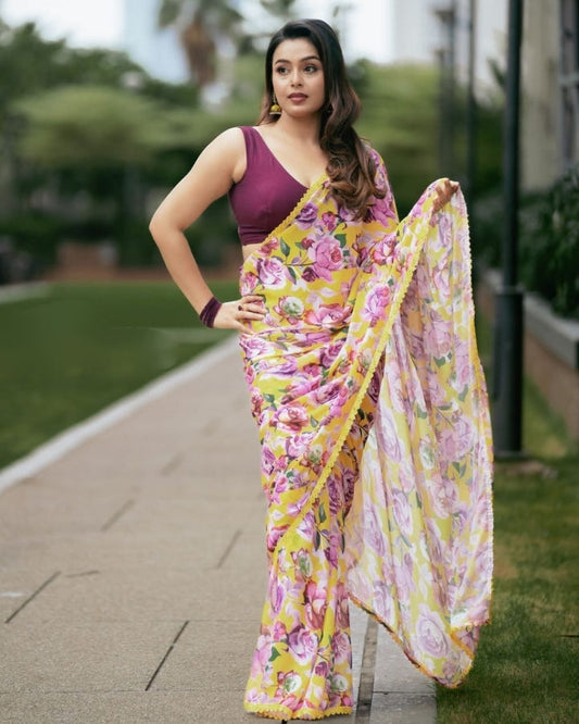 One-Minute Draping Yellow-Color Georgette Saree: The Perfect Blend of Fashion and Convenience