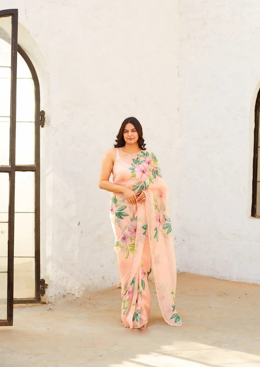 Luxury Organza Fabric Saree with Stitched Blouse for Instant Glam Look