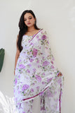Quick-Drape White  Color With Flower Print Georgette Saree: Style and Simplicity in One Minute