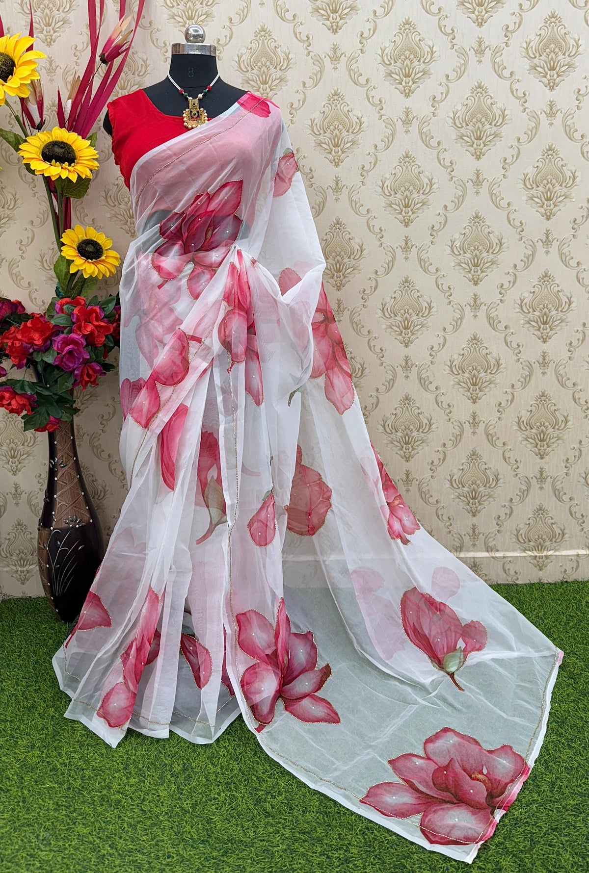 Adorning 1-Minute Ready To Wear white Organza Silk Saree